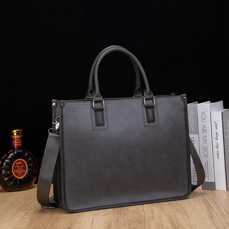 114男士疯马皮公文包复古通勤手提包PU男款商务单肩斜挎包14寸电