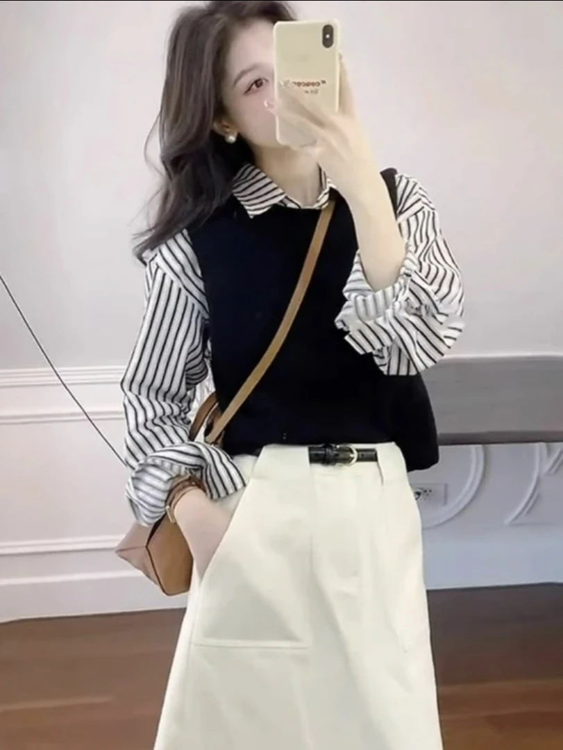 春装搭配一整套气质通勤马甲衬衫半身裙职业套装女韩剧穿搭三件套