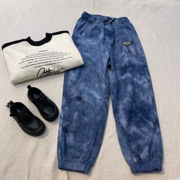 30052潮牌青少年加绒休闲裤蓝1A-2-1/黑2A-2边