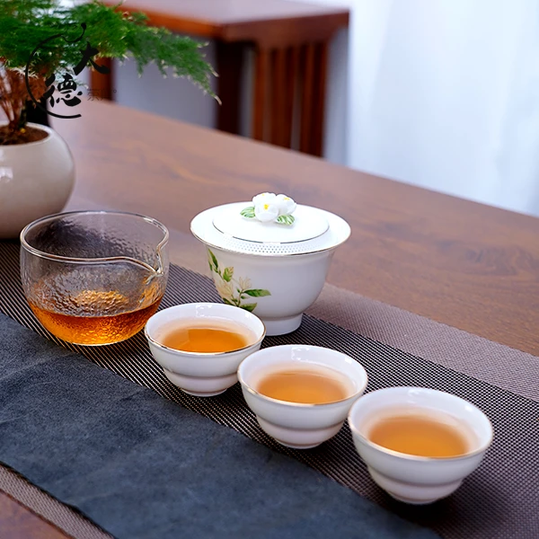 羊脂玉瓷泡茶手抓壶手捏花旅行快客一壶三杯山茶花限定旅行套C871