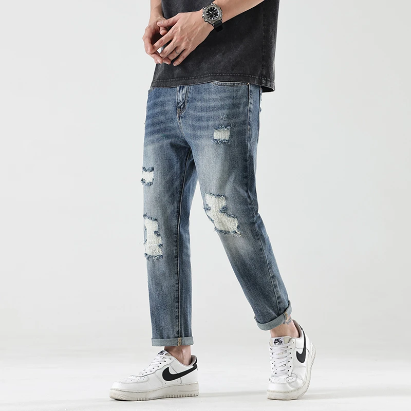 破洞牛仔裤男2024春夏新款时尚百搭修身潮流小脚潮牌高端九分长裤