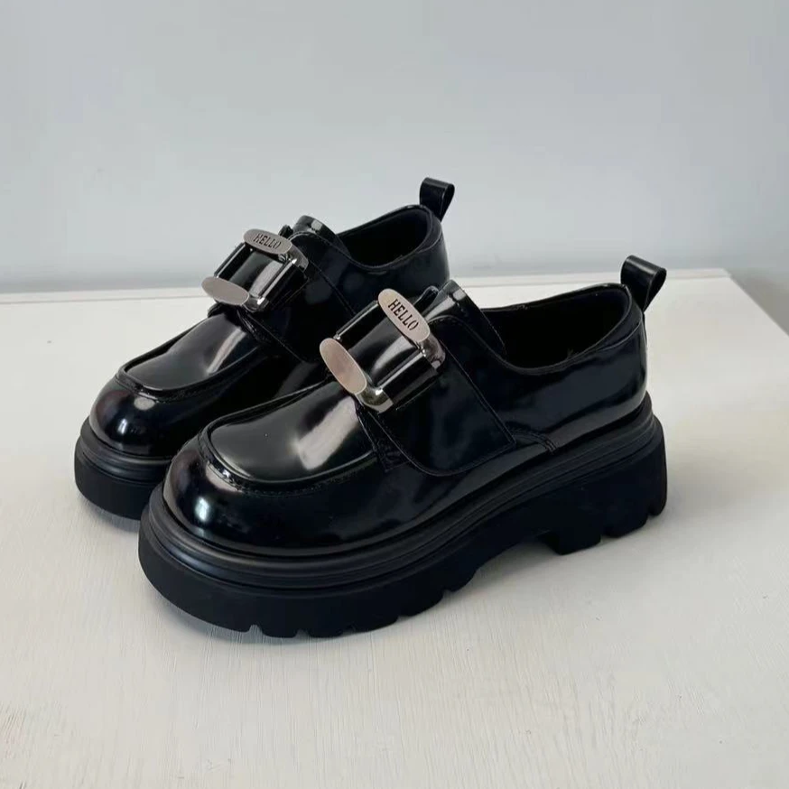 2024春季新款圆头厚底乐福鞋女鞋单鞋时尚百搭黑色真皮2409