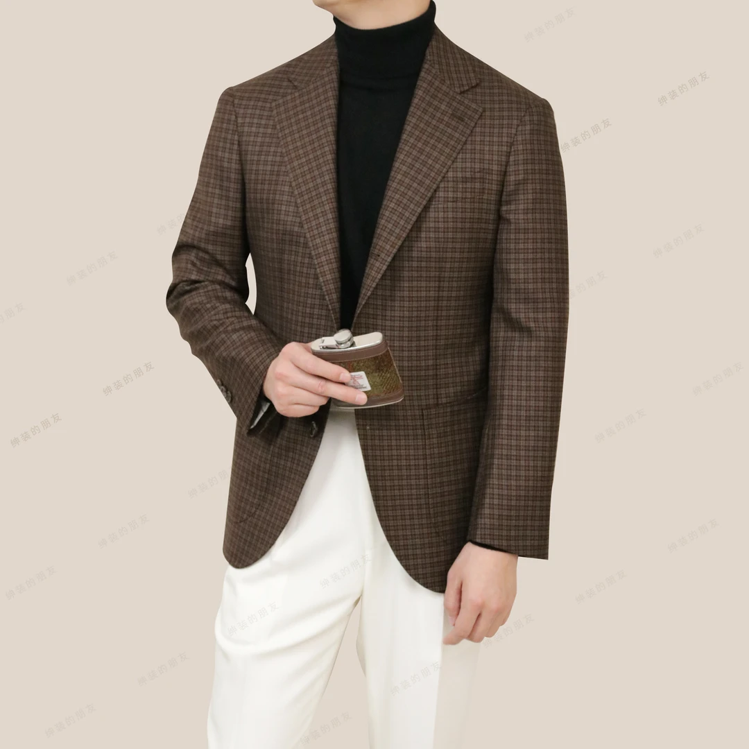 【英国Moon面料】棕蓝绿射击俱乐部格纹纯羊毛休闲复古格子男士单西