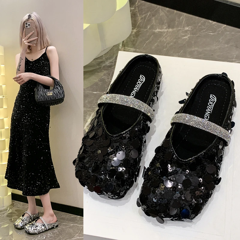 亮片包头半拖女外穿2024年新款百搭软底方头休闲ins网红懒人凉拖