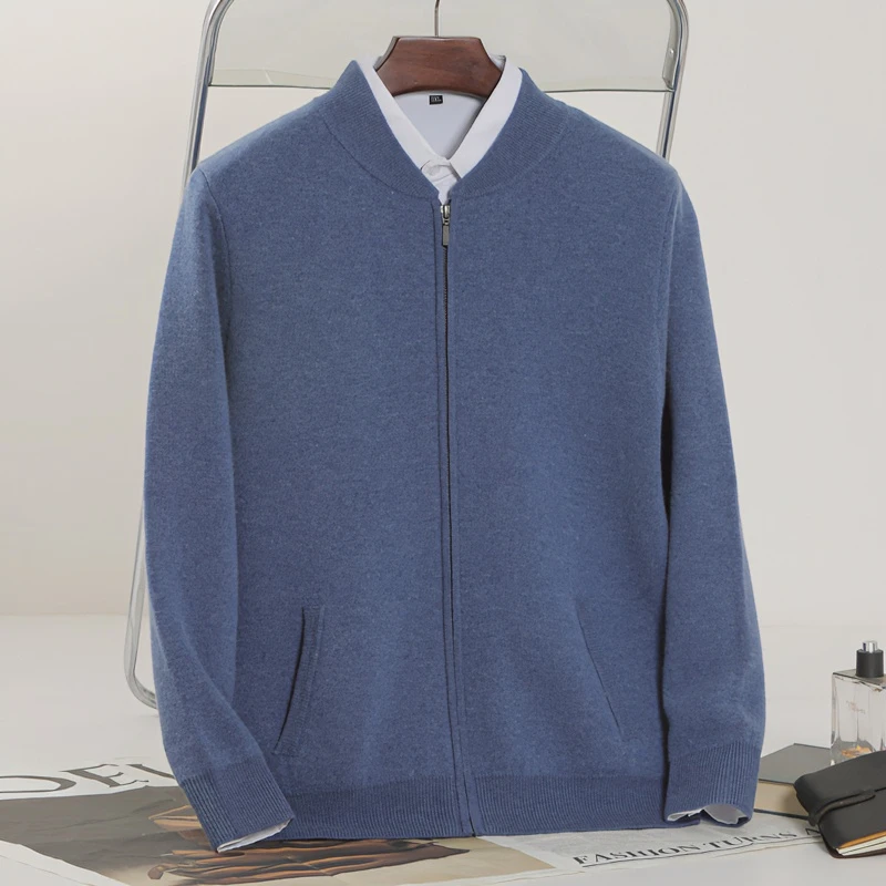 2024春秋男士100%山羊绒衫厚棒球领开衫外套商务行政夹克时尚立领