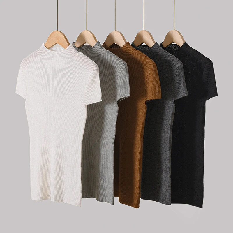 【桑蚕丝系列--短袖】精仿桑蚕丝羊毛抽条短袖休闲百搭夏季纯色半袖