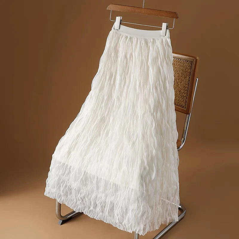 【有两个裙长】褶皱半身裙女春2025新款中长款网纱裙a字大摆纱裙