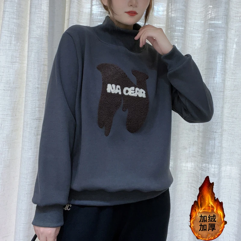 冬季新款加绒加厚字母卫衣女时尚洋气休闲宽松百搭显瘦上衣