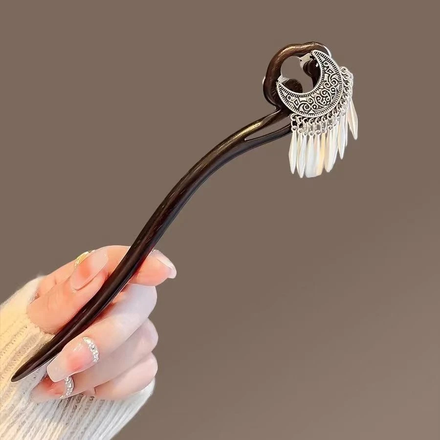 古风国风月牙流苏马面裙盘发发簪女新款汉服木质发钗感檀木簪子