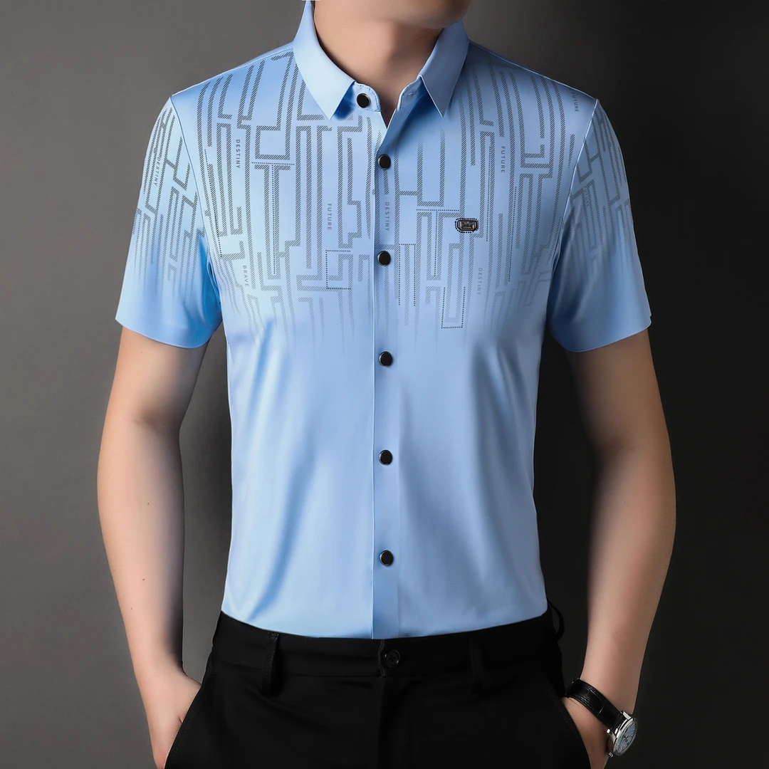 男士夏季短袖衬衫无痕高弹力高档轻奢印花薄款商务休闲衬衣上衣