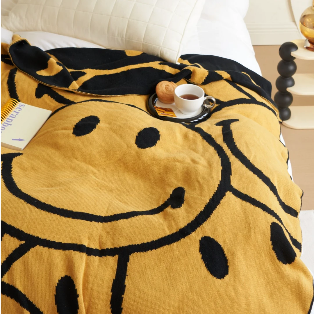 MODX全棉针织睡毯双层盖毯卧室车载简约-笑脸毯