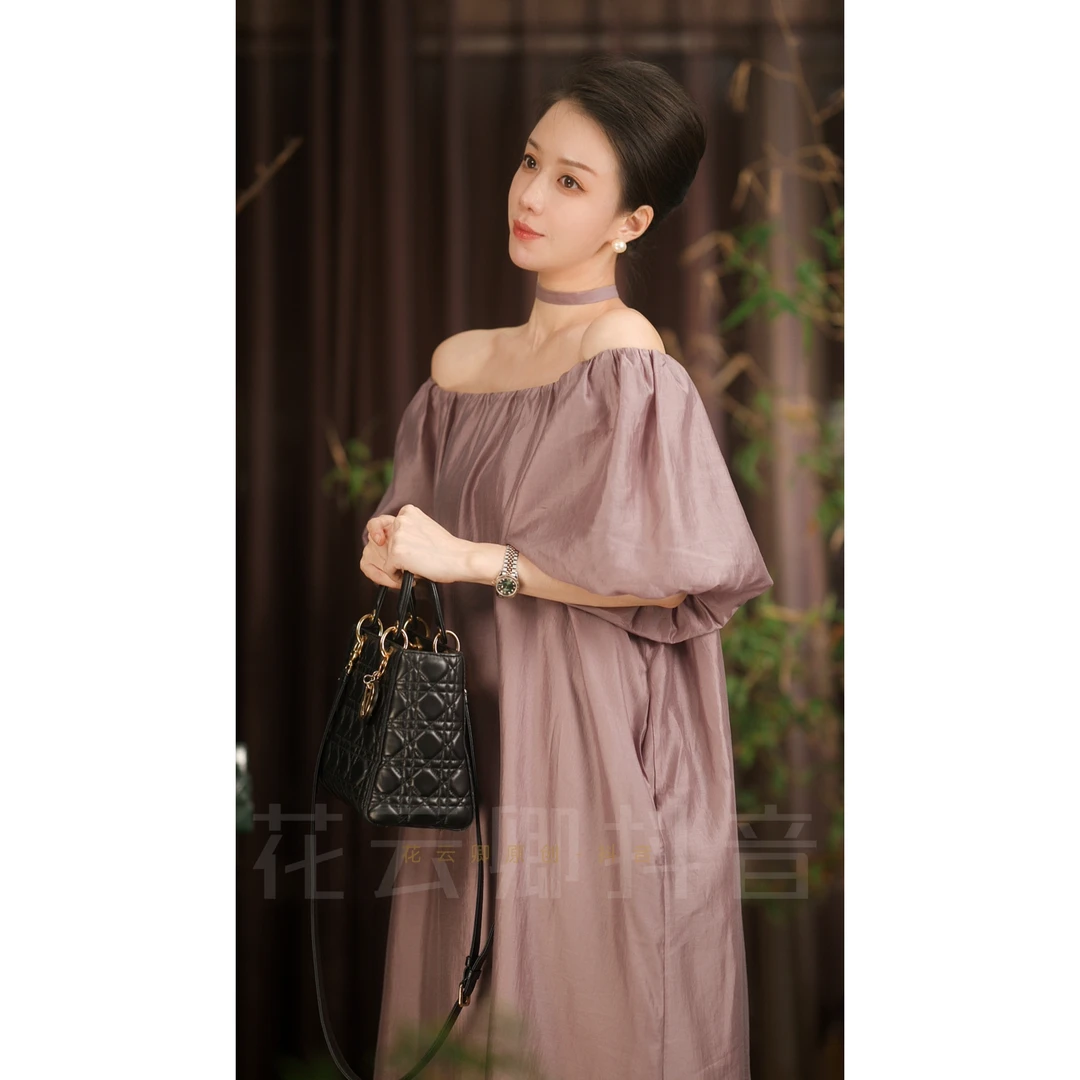 {花蕾原创}原创设计时尚气质夏季一字肩连衣裙泡泡袖飘逸温柔