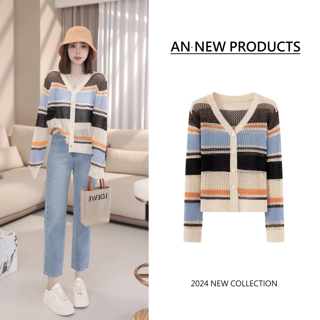 B6144时尚新款设计感彩色条纹镂空针织开衫上衣