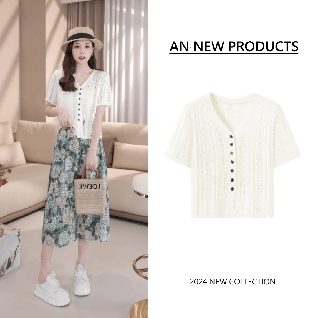 【安南AN】B6011夏季新款设计感温柔镂空纯色针织开衫上衣