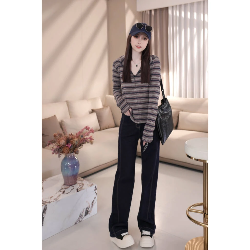 【甜梦灰语】B8243秋季新款时尚小众设计复古洋气拼色条纹连帽外套