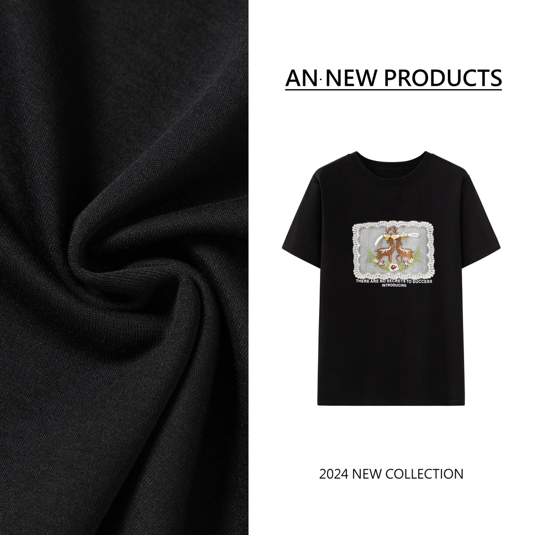 【一对梅花鹿】B3275时尚重工设计感新中式盘扣精致刺绣图案T恤