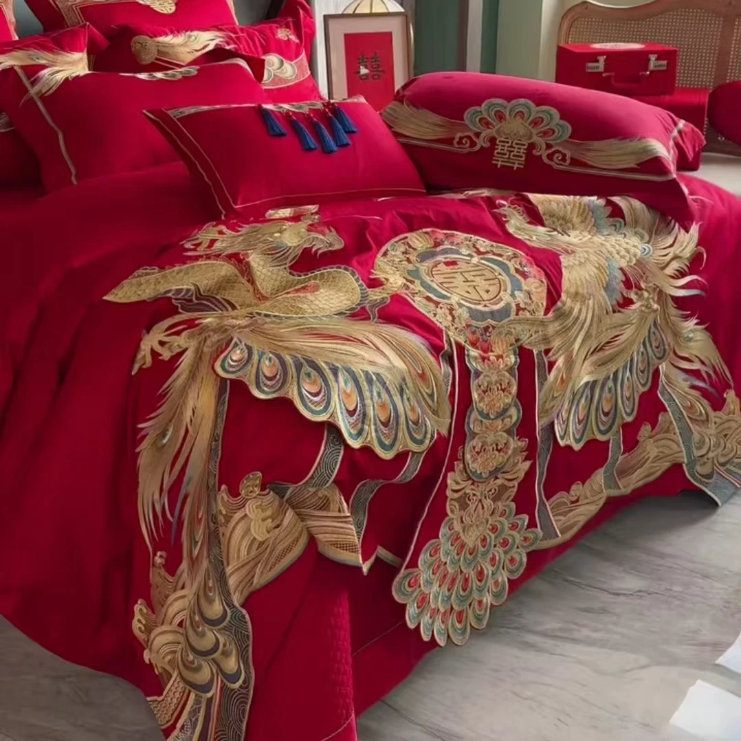 【九五至尊】全棉贡缎刺绣龙凤男女结婚四六十多件套婚庆床品