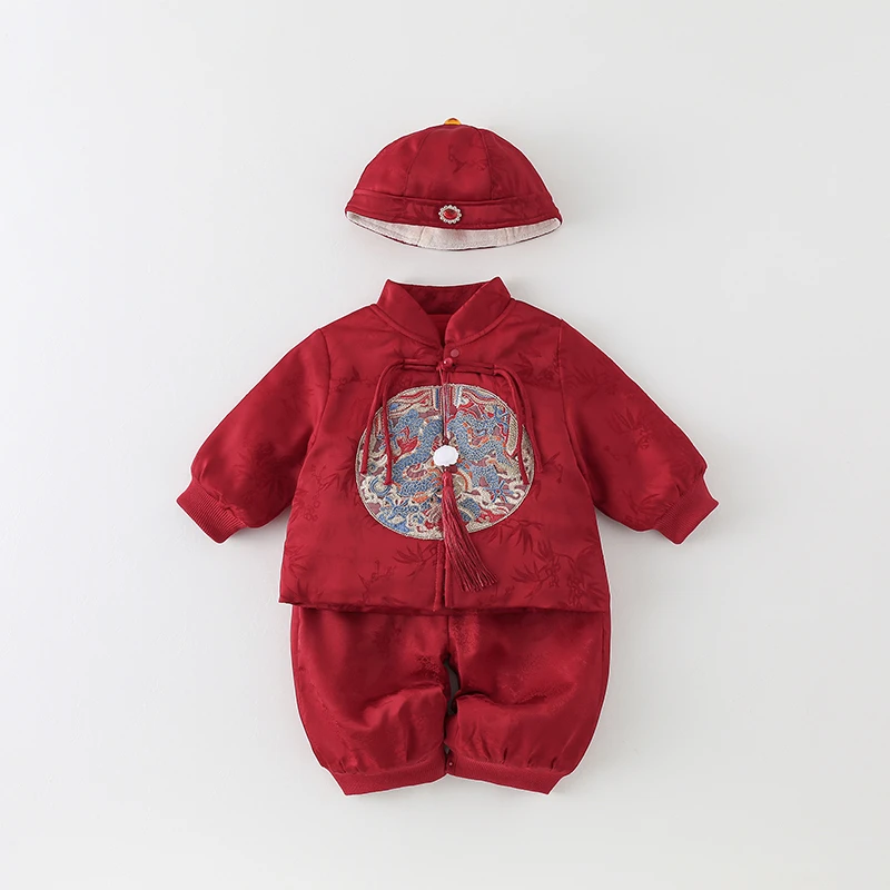男宝宝衣服过年拜年服婴儿连体衣秋冬中国风婴幼儿喜庆周岁抓周服