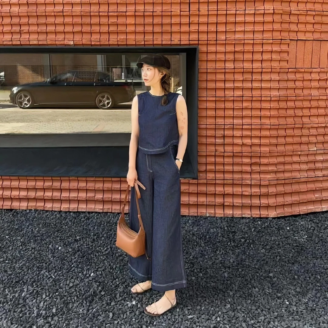 复古牛仔无袖背心上衣女2024夏季新款搭配时尚休闲阔宽松阔腿裤