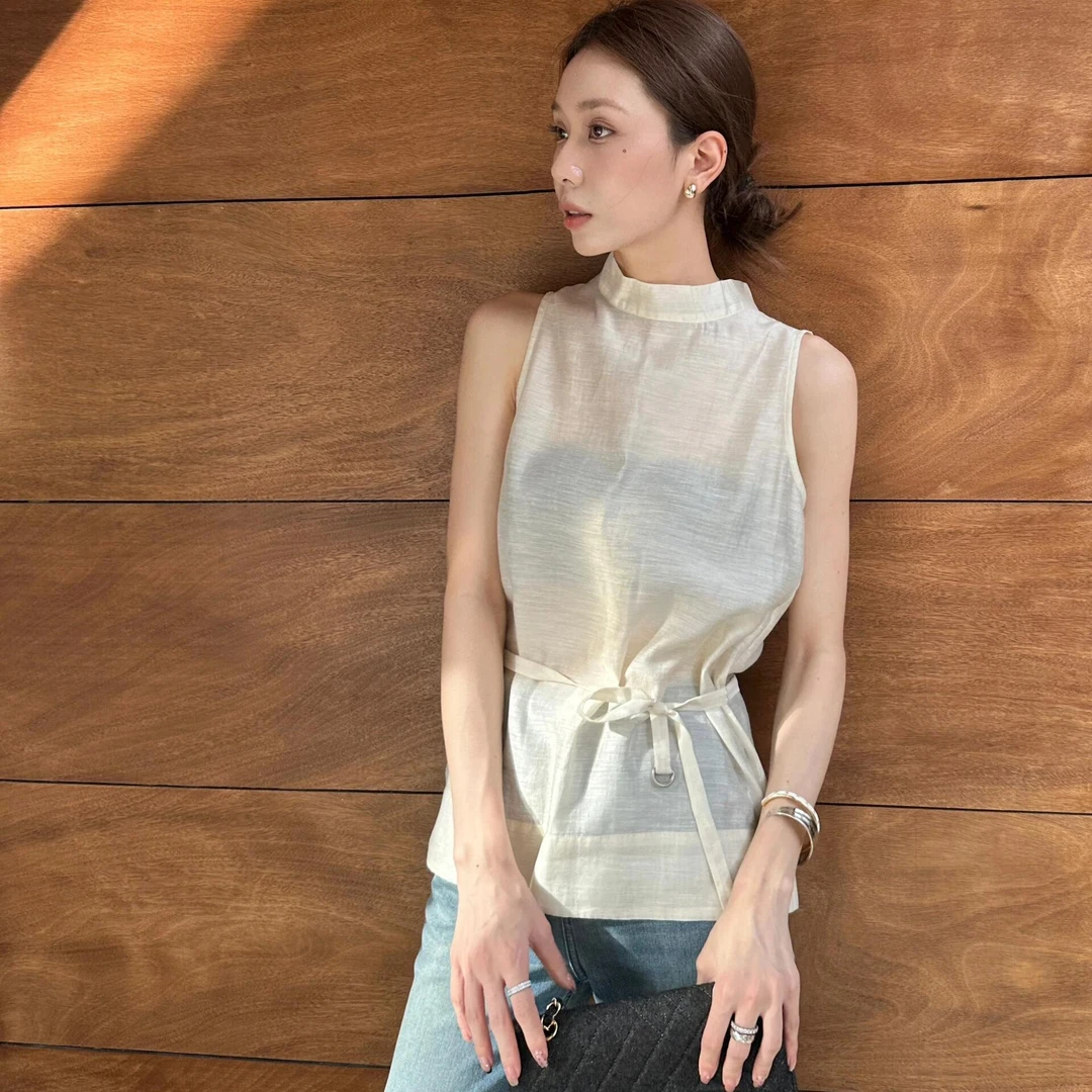 气质简约半高领绑带时尚背心女夏季新款百搭无袖小个子别致上衣