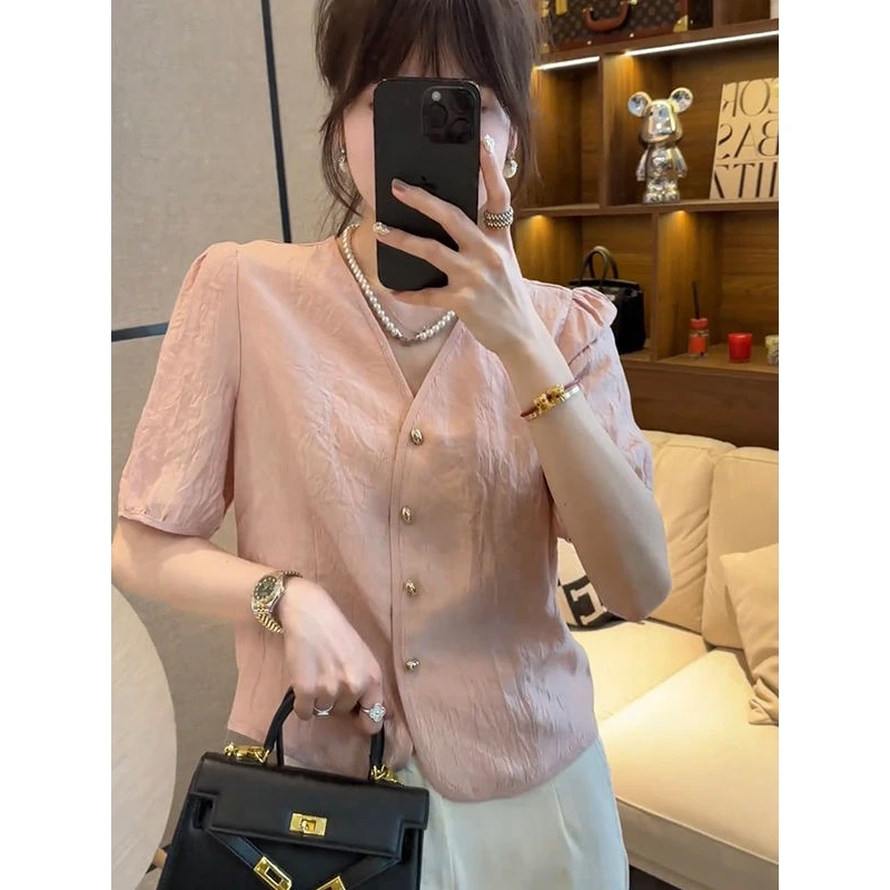 法式醋酸衬衫女短袖薄款夏季2025新款韩版宽松气质小个子上衣小衫