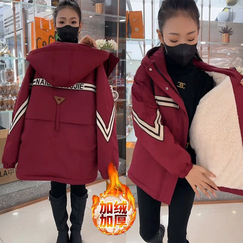 加绒加厚字母刺绣连帽棉服外套女冬季新款宽松休闲百搭保暖冲锋衣