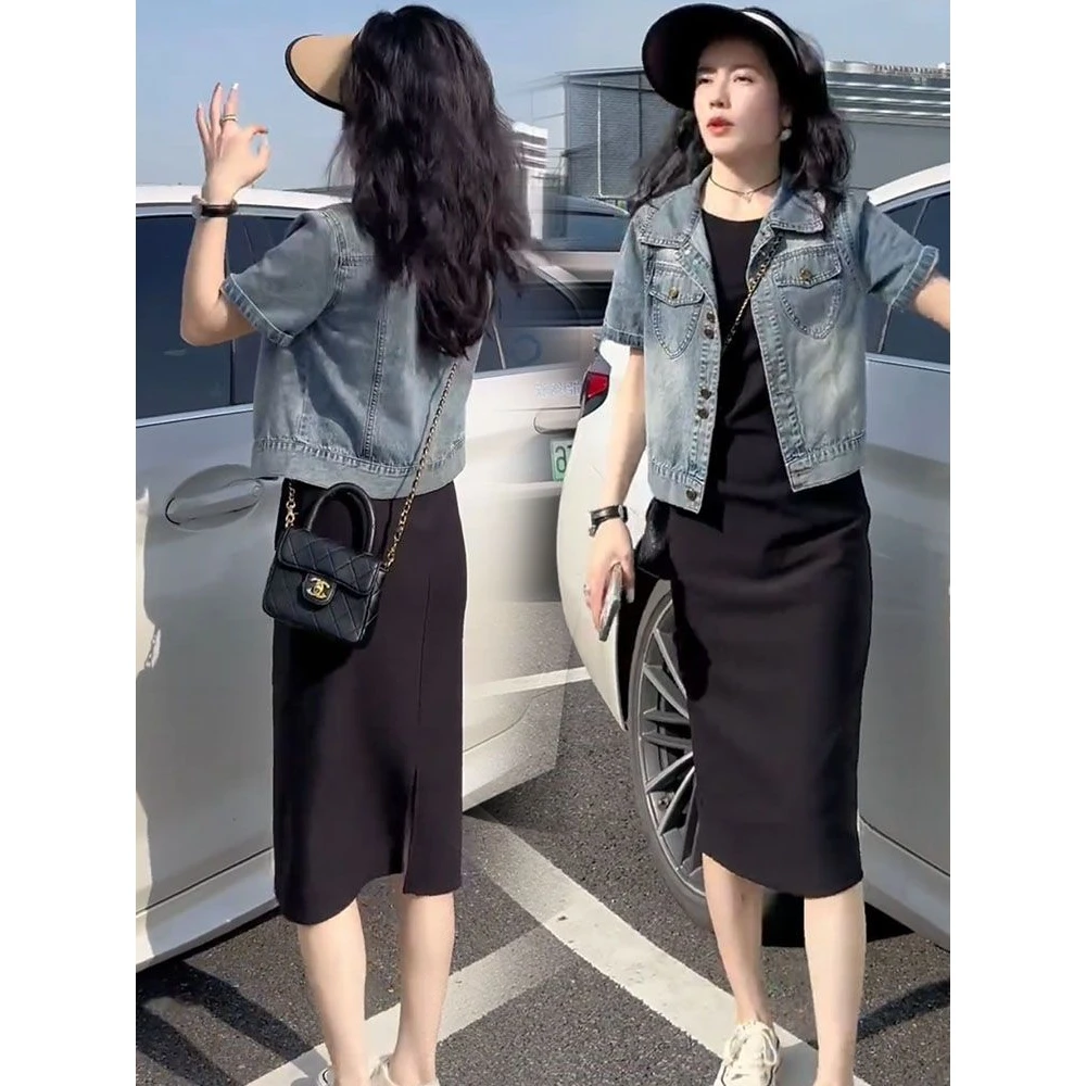 复古薄款短袖时尚衬衫吊带裙套装女2025夏新款显瘦气质牛仔两件套