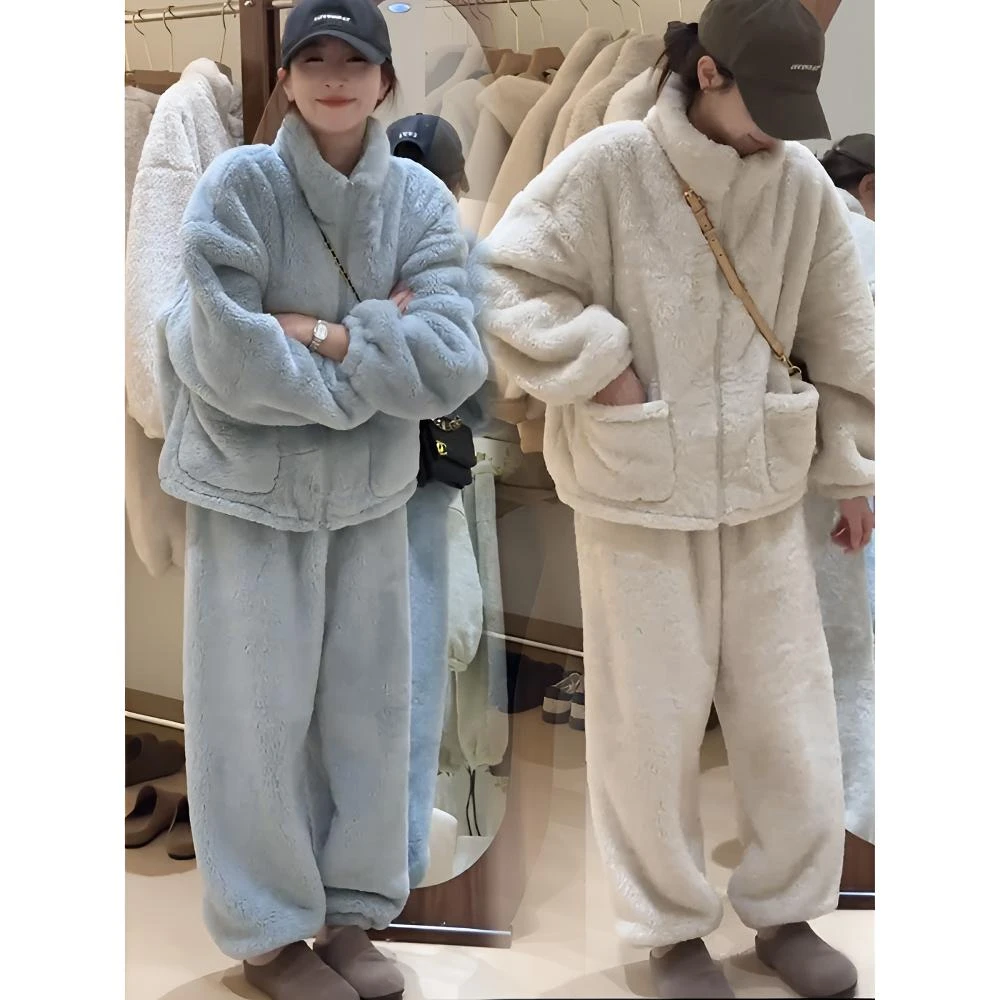 立领加厚珊瑚绒保暖睡衣套装女2024冬季新款宽松显瘦家居服两件套