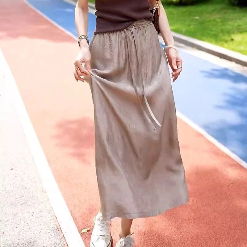 薄款醋酸缎面高腰系带半身裙女夏季新款垂感遮肉显瘦中长款裙子