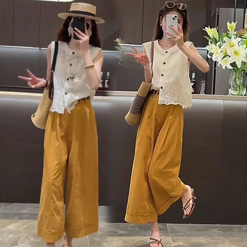 气质流行的夏装套装镂空无袖上衣阔腿裤小个子显高洋气减龄两件套