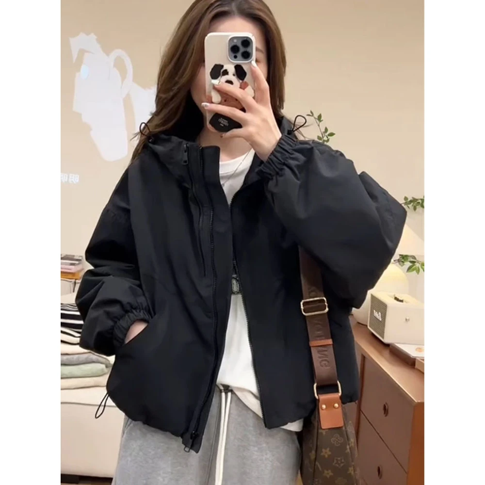 连帽宽松加棉加厚休闲外套女2025秋冬新款显瘦小个子显瘦夹克棉衣