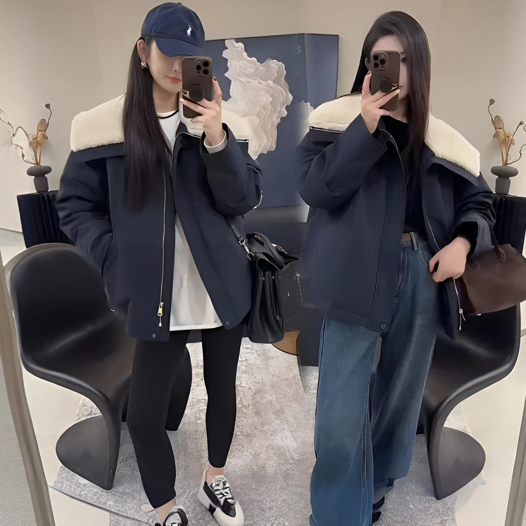 韩系大翻领撞色休闲棉服2024冬季新款气质时尚宽松显瘦休闲外套女