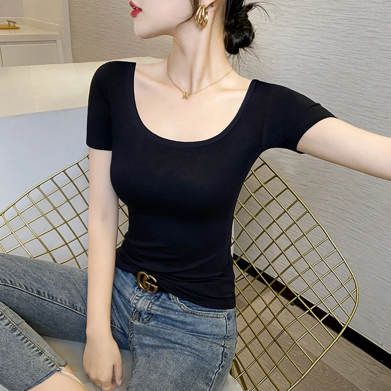 黑色短袖t恤女U领网红新款大领口打底半袖露背低领紧身上衣夏内搭
