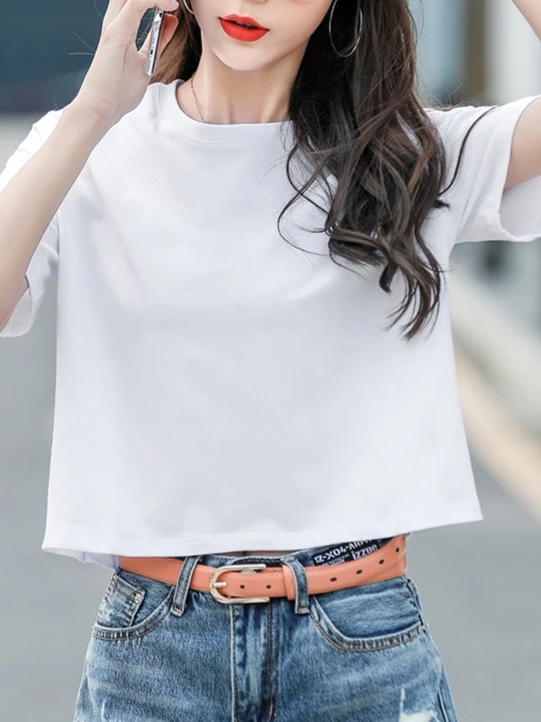 宽松t恤女士短款夏季新款白色短袖显瘦简约减龄上衣棉质大码女装T