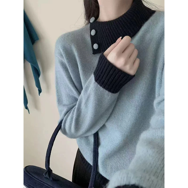 【593黛蓝色三粒扣】早秋新款宽松设计感上衣女针织衫显瘦百搭