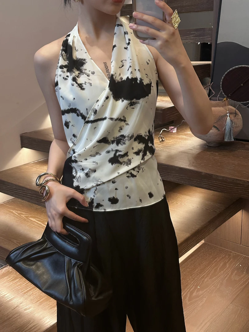 GaiQu【原捨】设计款挑染水墨画坎肩气质绑带显瘦轻奢上衣