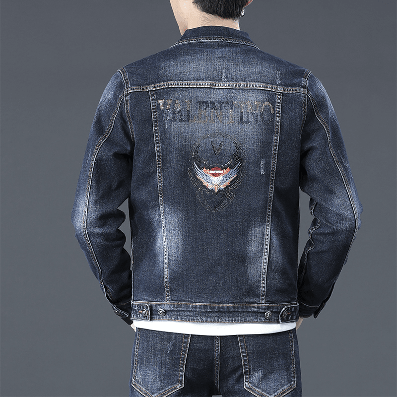 esdolee/易斯托利 秋季新款烫钻牛仔外套男士潮牌修身百搭欧货牛仔夹克5065