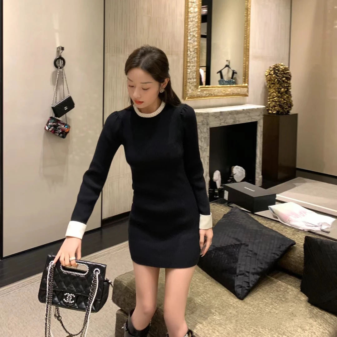 针织假两件收腰气质连衣裙女春季新款内搭打底修身显瘦包臀短裙