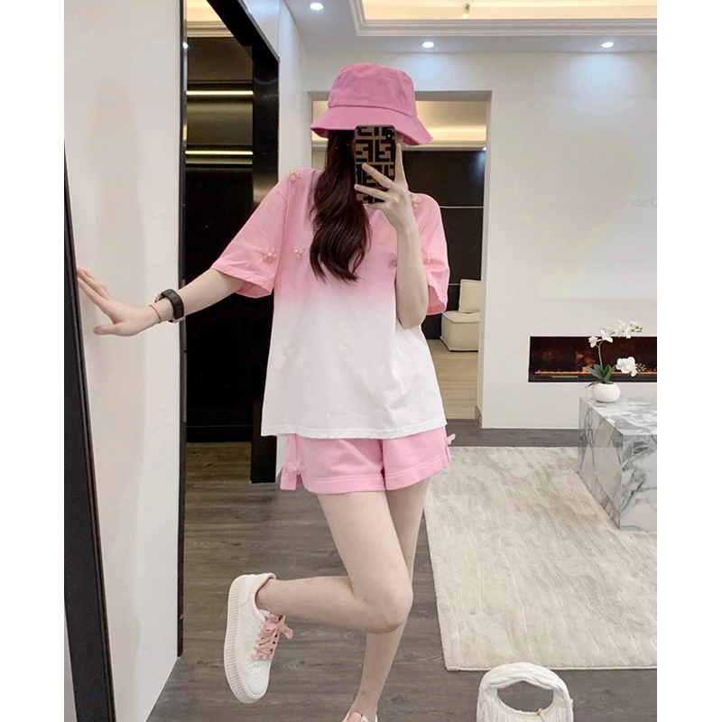 网红减龄粉色短袖t恤女夏季运动洋气宽松小个子韩版显瘦百搭上衣