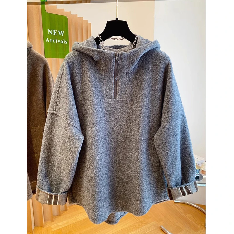 秋冬新款保暖半拉链连帽超好看卫衣女设计感慵懒风大版宽松上衣潮