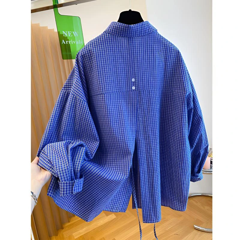 韩系别致格子衬衫上衣女装大码宽松慵懒风春秋后背开叉衬衣潮流爆
