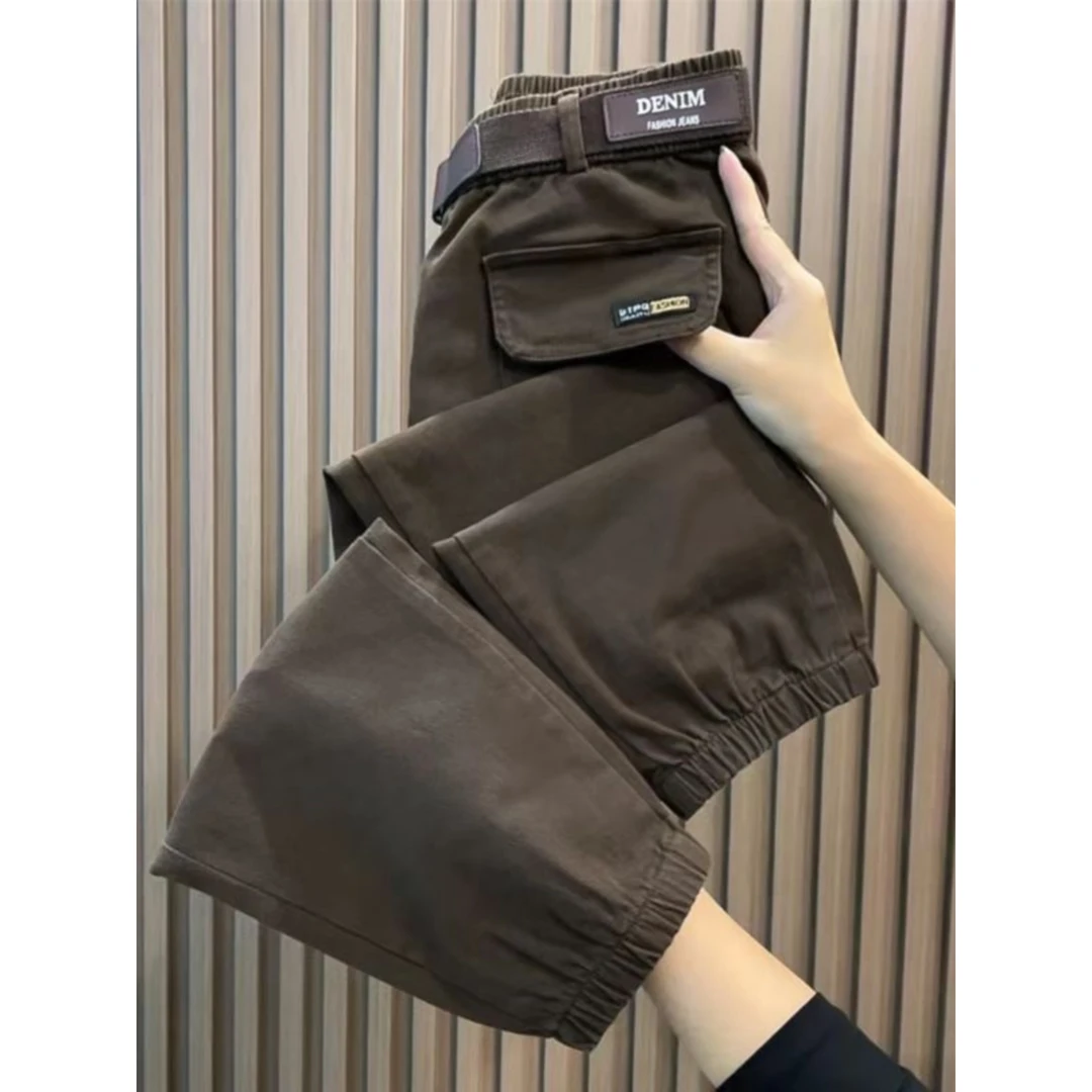 潮牌秋冬新款时尚牛仔棉工装裤女士高腰宽松显瘦休闲裤束脚哈伦裤