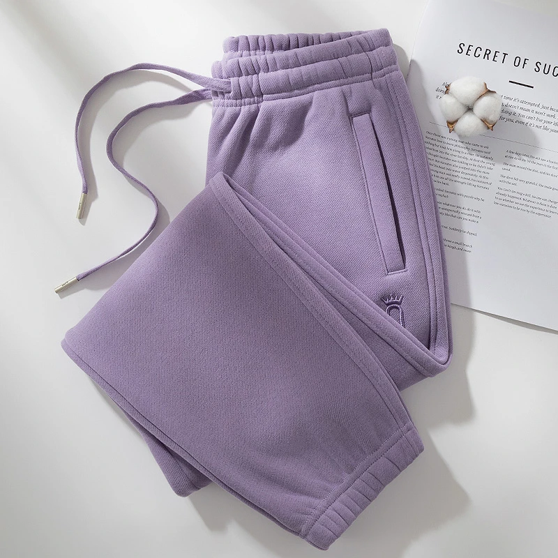 秋冬新款女装加绒束脚运动哈伦裤子大码时尚休闲紫色拉链口袋卫裤