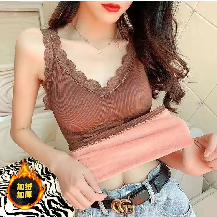 保暖背心女加绒加厚吊带内衣自带胸垫弹力修身性感显瘦打底衫冬季