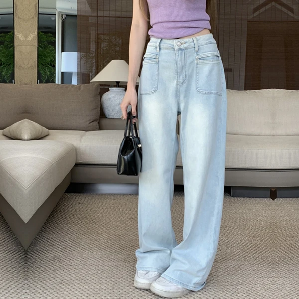 秋季洋气浅蓝色弹力窄版直筒牛仔裤女高腰宽松显瘦水洗阔腿拖地裤