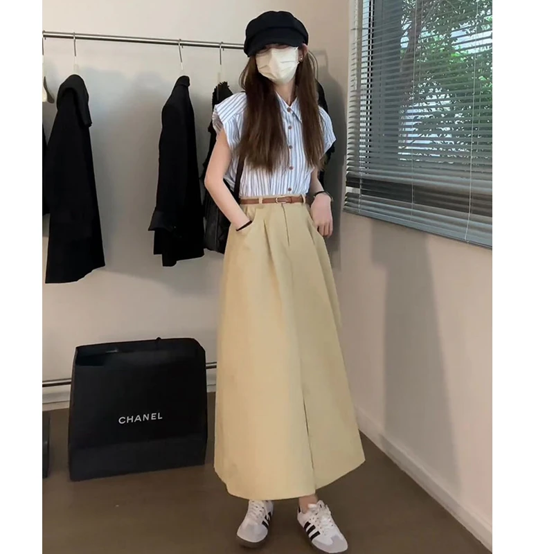 夏季气质开叉长裙休闲工装半身裙女a字显瘦中长款洋气高个子裙子