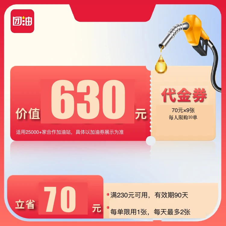 团油满230减70元加油满减券共9张（3个月有效期）