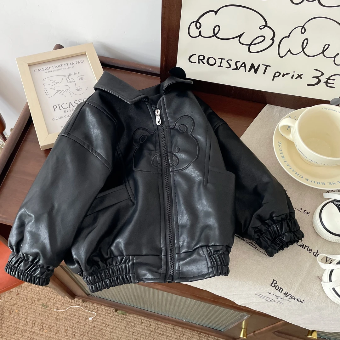 【断码清仓】QW245601春秋新款儿童外套男童小熊绣花皮衣夹克