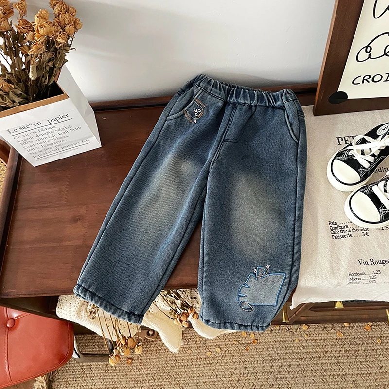 【断码清仓】QK247643秋冬新款儿童裤子男童百搭牛仔裤加绒