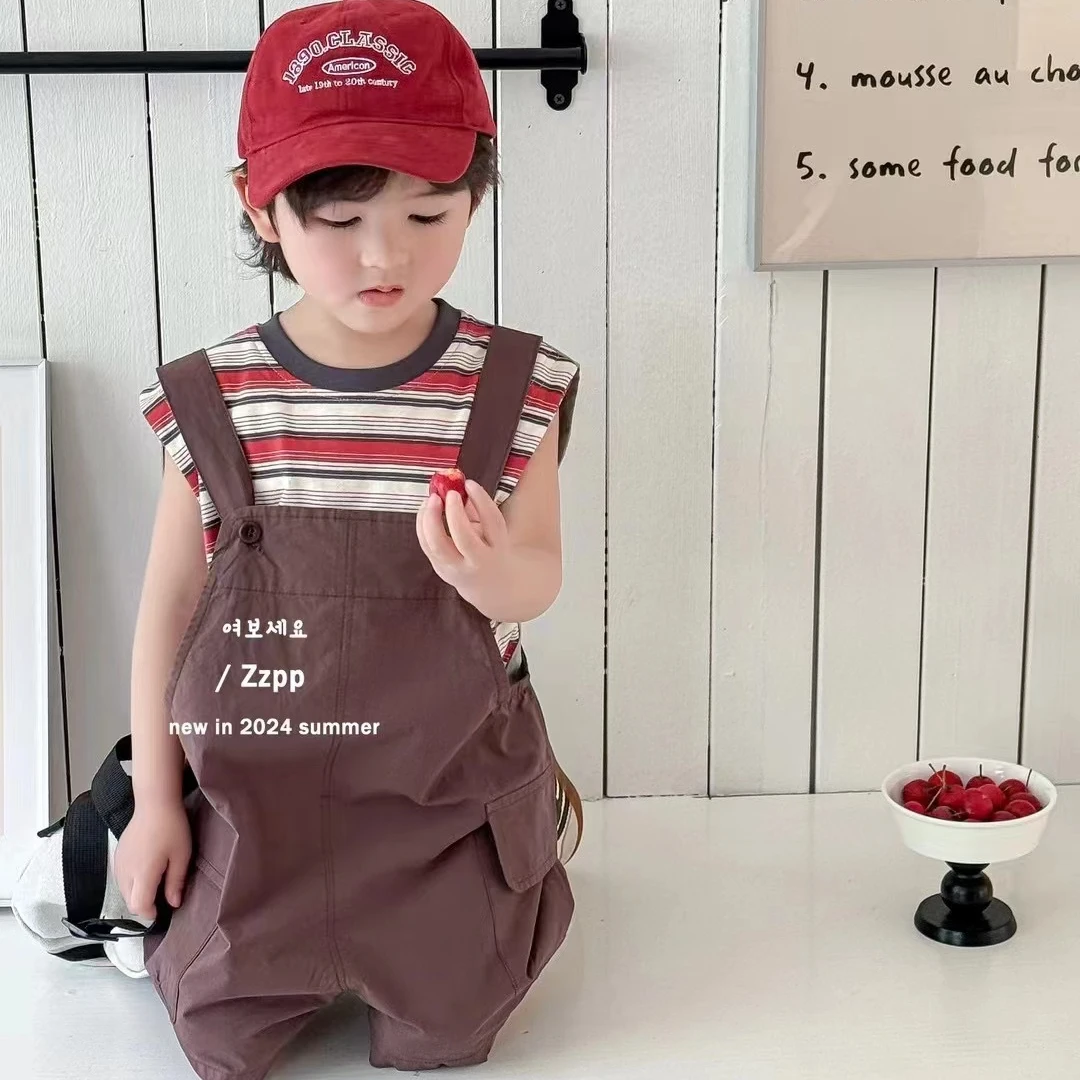 【部分现现】ZZPP88270男小童夏季日系条纹背心背带裤两件套套装